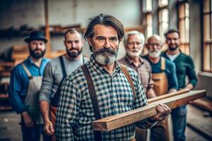 ai gerado masculino carpinteiro segurando madeira equipe foto