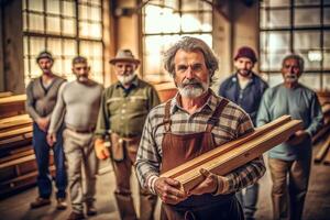 ai gerado masculino carpinteiro segurando madeira equipe foto