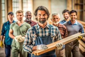 ai gerado masculino carpinteiro segurando madeira equipe foto