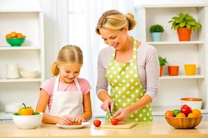 ai gerado mãe e filha cozinhando às cozinha foto