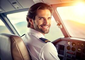 ai gerado confiante masculino piloto sorridente enquanto sentado dentro cockpit foto