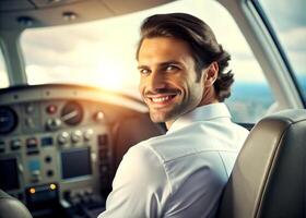 ai gerado confiante masculino piloto sorridente enquanto sentado dentro cockpit foto