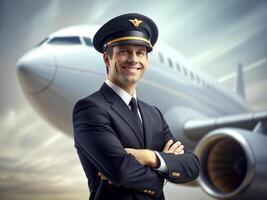 ai gerado confiante masculino piloto dentro uniforme guardando braços cruzado e sorridente com avião dentro a fundo foto