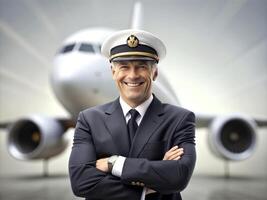 ai gerado confiante masculino piloto dentro uniforme guardando braços cruzado e sorridente com avião dentro a fundo foto