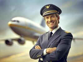 ai gerado confiante masculino piloto dentro uniforme guardando braços cruzado e sorridente com avião dentro a fundo foto