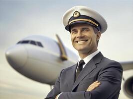 ai gerado confiante masculino piloto dentro uniforme guardando braços cruzado e sorridente com avião dentro a fundo foto