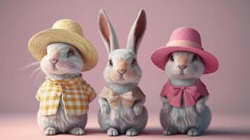 ai gerado três adorável coelhos vestido dentro à moda chapéus e inteligente roupas, preparado contra uma suave Rosa fundo, exalando charme e personalidade. foto