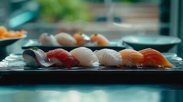 ai gerado a requintado seleção do Sushi nigiri, delicadamente trabalhada com a mais fresco peixe, apresentado em uma lustroso, Sombrio ardósia borda foto