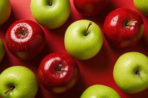 ai gerado delicioso maduro vermelho e verde maçãs frutas em uma vermelho fundo topo Visão foto