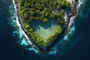 ai gerado coração em forma lagoa em uma paraíso tropical ilha dentro oceano, aéreo Visão foto