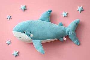 ai gerado brinquedo suave pelúcia azul Tubarão em uma Rosa fundo foto