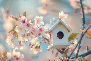 ai gerado pequeno branco Casa de passarinho em uma Primavera cereja Flor ramo em borrado fundo foto