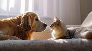 ai gerado cachorro e gato deitado em a cama juntos foto