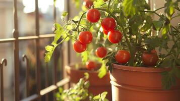 ai gerado maduro tomates dentro terracota Castanho panelas em uma ensolarado sacada. crescendo legumes dentro pequeno ou urbano espaços conceito. foto