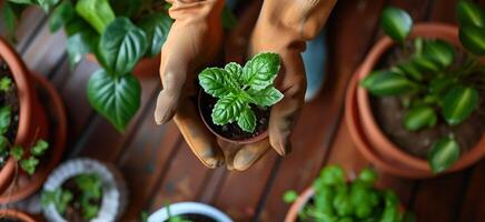 ai gerado uma pessoa dentro luvas plantio ou carinhoso para jovem verde plantar dentro Panela. jardinagem pontas, plantar Cuidado, de Meio Ambiente conservação fundo. foto