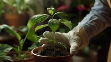 ai gerado fechar-se do mãos dentro branco luvas plantio ou carinhoso para jovem verde plantar dentro Panela. jardinagem pontas, plantar Cuidado, de Meio Ambiente conservação fundo. foto