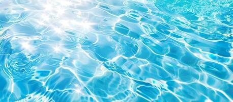 ai gerado Claro azul água fundo com luz solar refletindo fora Está superfície. □ Gentil ondulações, intrincado padrões. relaxamento, bem-estar, piscina festa conceito. foto