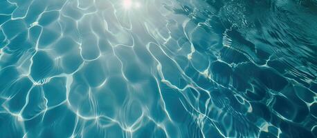 ai gerado Claro azul água fundo com luz solar refletindo fora Está superfície. □ Gentil ondulações, intrincado padrões. relaxamento, bem-estar, piscina festa conceito. foto