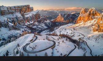 ai gerado inverno torção aéreo serpente estrada Visão foto