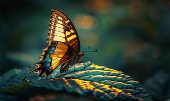 ai gerado alado sussurro borboleta solidão em folha foto