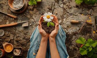 ai gerado topo perspectiva do mãos com uma flor, pronto para plantar, ao lado jardinagem engrenagem foto