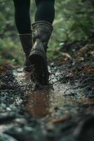 ai gerado uma homem caminhando através lama dentro a meio do a selva dentro chuvoso clima foto