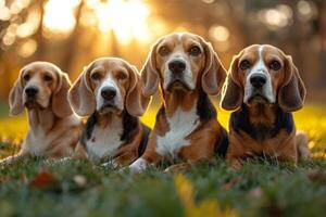 ai gerado retrato do uma beagle cachorro dentro verão em uma verde gramado foto