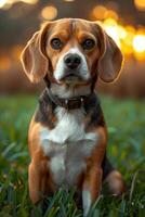 ai gerado retrato do uma beagle cachorro dentro verão em uma verde gramado foto