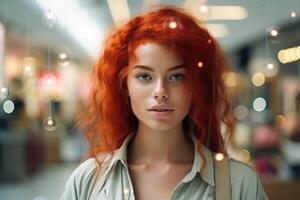 ai gerado fechar-se do uma lindo branco menina com vermelho cabelo, vestido dentro à moda roupas, quem parece às a Câmera e sorrisos foto