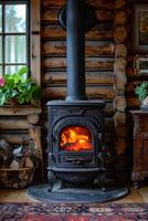 ai gerado ferro fundido fogão dentro uma rústico casa com uma fogo aceso dentro para calor a casa foto