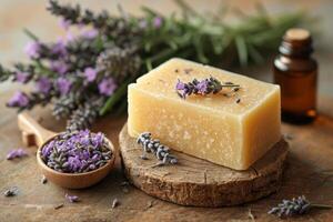 ai gerado feito à mão Sabonete mentiras em uma mesa com lavanda flores, uma ramalhete do lavanda em uma de madeira mesa foto