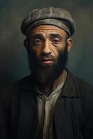 ai gerado retrato do uma sério homem do a africano raça em uma Preto fundo foto