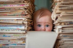 ai gerado uma jovem surpreso criança esconde atrás pilhas do livros foto