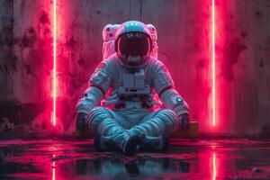 ai gerado a astronauta dentro uma branco traje espacial e capacete, sentado em a chão dentro uma vermelho néon luz foto