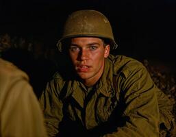 ai gerado foto do intenso soldado homem dentro exército equipamento e capacete dentro sério perigoso guerra às noite, generativo ai