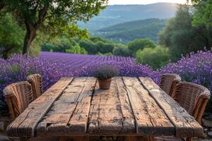 ai gerado de madeira mesa e cadeiras dentro uma campo com lindo lavanda flores em uma ensolarado dia foto