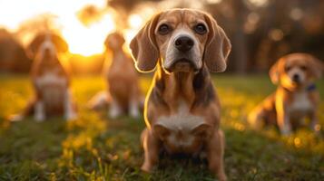 ai gerado retrato do uma beagle cachorro dentro verão em uma verde gramado foto