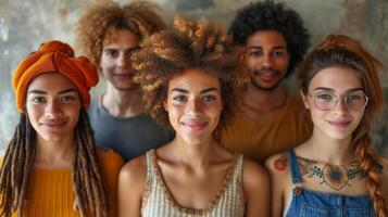 ai gerado retrato do uma criativo o negócio equipe em pé juntos e rindo. uma grupo do alegre pessoas do diferente nacionalidades foto