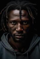 ai gerado retrato do uma sério homem do a africano raça em uma Preto fundo foto