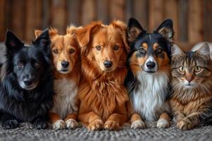 ai gerado amigáveis retrato do cachorros e gatos em uma Castanho fundo foto