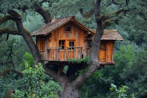 ai gerado fofa pequeno árvore casa para crianças dentro a floresta foto