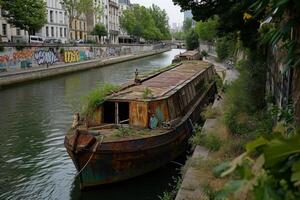 ai gerado a velho barco dentro a cidade canal em a água foto