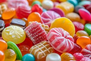 ai gerado grande quantidade do colorida doces e caramelo doces foto