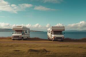 ai gerado acampamento perto a lago dentro uma motorhome . acampamento dentro uma campista furgão foto