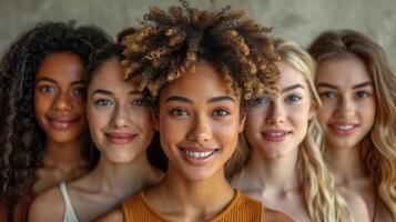 ai gerado retrato do uma criativo o negócio equipe em pé juntos e rindo. uma grupo do alegre pessoas do diferente nacionalidades foto