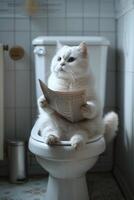 ai gerado uma doméstico gato é sentado em a banheiro e lendo uma jornal foto