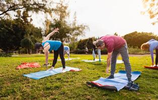 feliz Senior amigos fazendo exercite-se atividade dentro uma público parque - saúde idosos pessoas estilo de vida foto