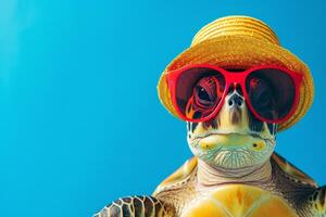 ai gerado uma tartaruga vestindo óculos e uma chapéu é relaxante em uma tropical de praia foto