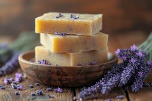 ai gerado feito à mão Sabonete mentiras em uma mesa com lavanda flores, uma ramalhete do lavanda em uma de madeira mesa foto