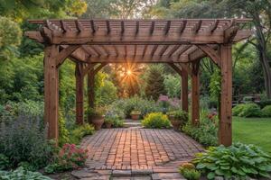 ai gerado à moda de madeira gazebo dentro uma lindo verde jardim foto